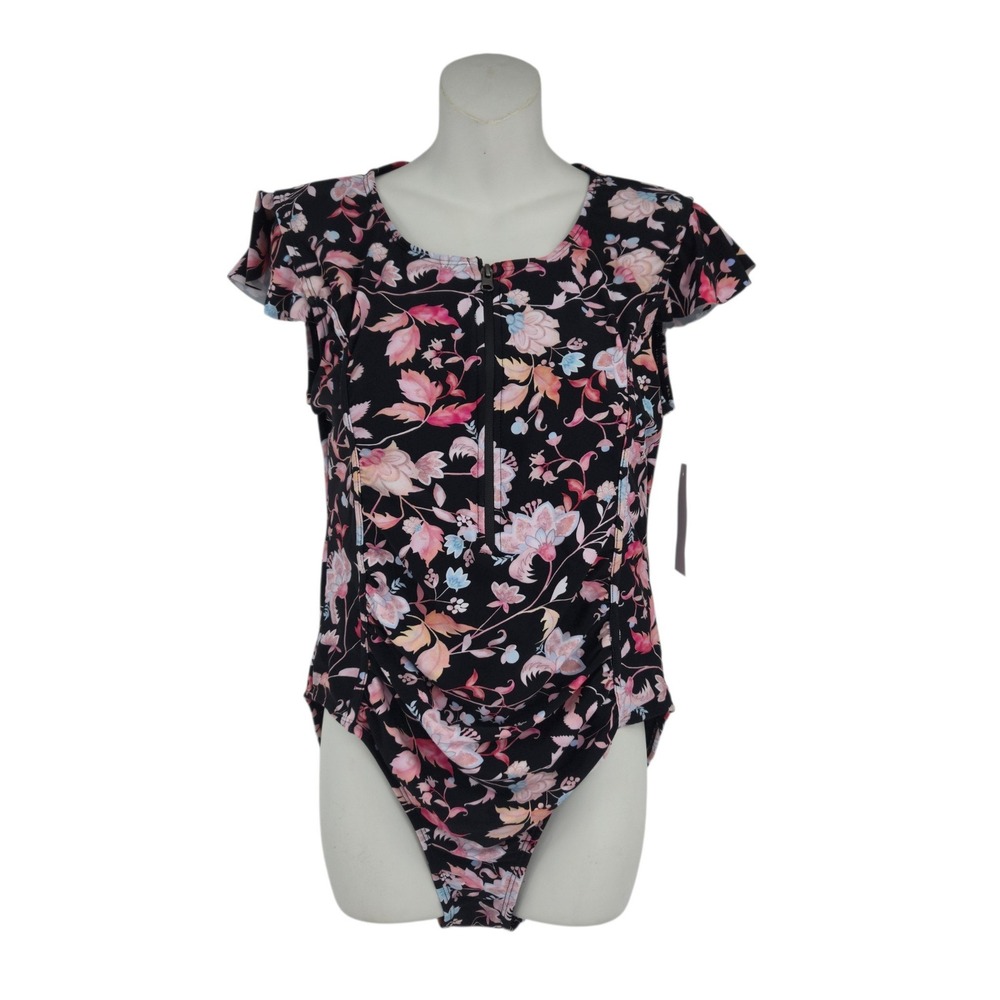 Meet Curve One Piece Swimsuit Women XL Black Pink Floral Flutter Sleeve Zip NWT